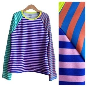 Lands’ End Pink Blue Orange Green Colorful Stripe Colorblock UPF Swim Rashguard